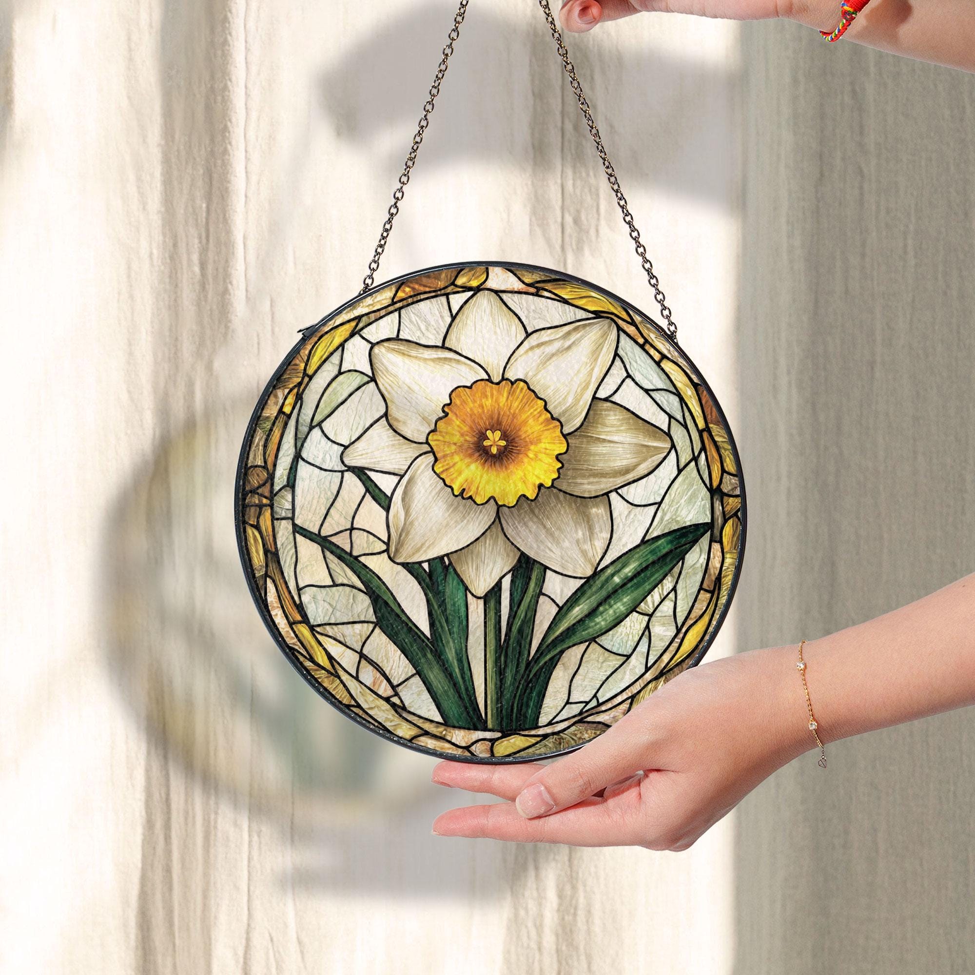 水仙のステンドグラス サンキャッチャー、イエローホワイトブルーム