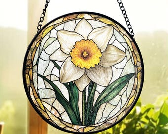 Daffodil Stained Glass Suncatcher, Yellow White Bloom Art, Spring Window Decor, Floral Style, Glass Panel, Nature Lovers, Garden Gift