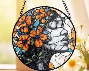 Black Woman Floral Stained Glass Suncatcher, Afrocentric Suncatcher, Feminist Friend Gift Window Hanging, Mother's Day Glass Panel