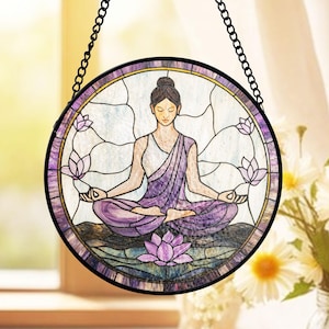 Yoga minnaar cadeau glas-in-lood suncatcher, meditatie decor suncatcher, boeddhistisch raam hangen, yoga-instructeur cadeau