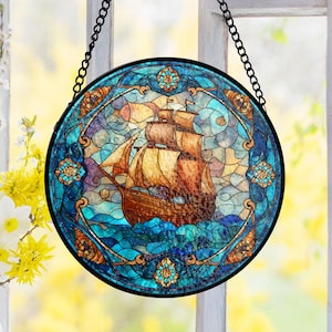 Sailing Ship Stained Glass Suncatcher, Nautical Ocean Waves Decor, Vintage Maritime Theme, Glass Art Panel, Gift for Sailors & Sea Lovers