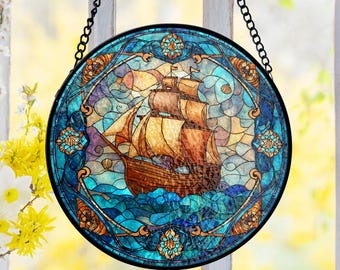 海の波と青い空を描いたステンドグラスの帆船パネル、航海用の窓や壁の