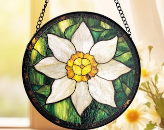 Daffodil Stained Glass Suncatcher, White Yellow Flower Window Decor, Botanical Garden Style Art, Gift for Nature Lovers and Gardeners