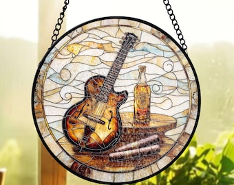 Guitar Whiskey Cigar Stained Glass Suncatcher, Man Cave Decor Suncatcher, Musician Gift For Dad, Bourbon Lover Husband Gift