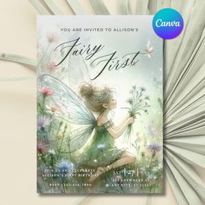 Fairy First Birthday Invitation Girl 1st Birthday Invitation Fairy Birthday Invite 1 st Birthday Girl Whimsical Fairy Theme Digital Template