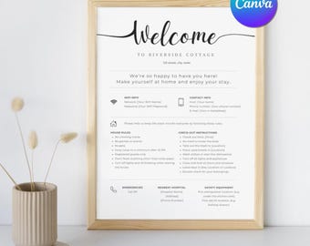 Airbnb Welcome Sign. Black White Printable Welcome Poster for your rental. Editable house rules airbnb template. Clean Modern Airbnb Signs.