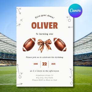 First Year Down Birthday, Football Birthday Invitation, Football Invite, Editable First birthday Invite Template, Boy Birthday Invite