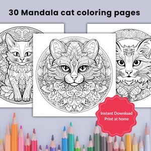 Mandala cat coloring pages, coloring pages for adults, instant download, Intricate Printable Coloring Book for Stress Relief & Relaxation