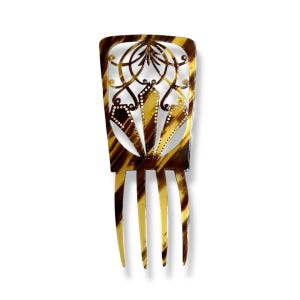 Antique asymmetric celluloid fancy tall mantilla style hair comb with art nouveau cutwork and rhinestone paste design