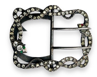 Antique late 19c to Edwardian double snake or double ouroboros white metal buckle with antique paste