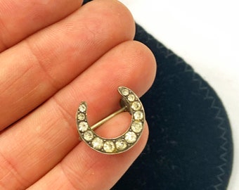 Late Victorian to Edwardian miniature antique paste set crescent moon silver brooch or lace pin