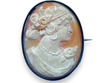 Antique to vintage classical lady carved shell cameo brooch or pin in simple white metal mount with tube hinge