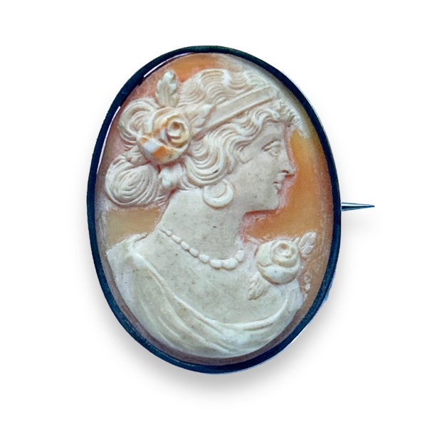 Antique to vintage classical lady carved shell cameo brooch or pin in simple white metal mount with tube hinge