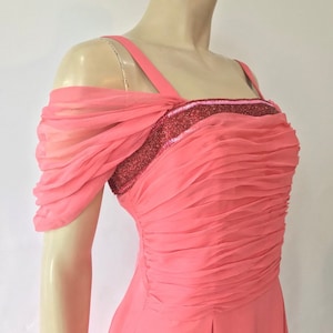 vintage silk chiffon 1950s to 1960s pink Heiress cocktail dress with beaded neckline and ruched bodice