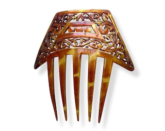 Antique c.1900s antique art nouveau decorative hair comb - elaborately carved horn in mock tortoiseshell