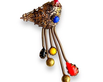 Large statement c.1930s surrealist meets Victorian revival multicoloured dangle brooch with foxtail chain and pressed brass - Schreiner ?