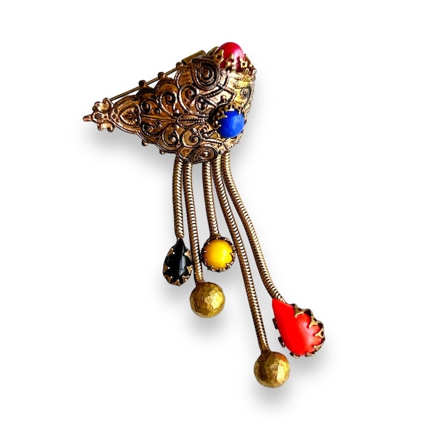 Large statement c.1930s surrealist meets Victorian revival multicoloured dangle brooch with foxtail chain and pressed brass - Schreiner ?