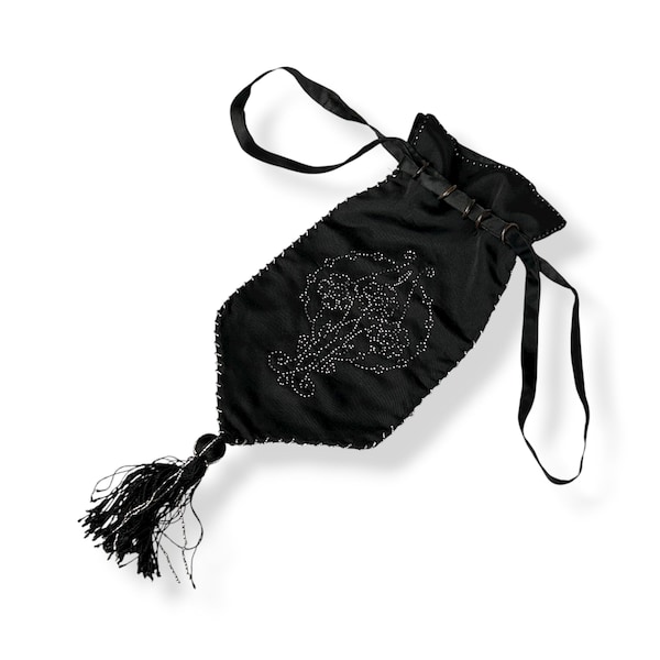 Antique c.1900s Edwardian vintage black silk faille and cut steel bead embroidered drawstring bag / evening purse with long tassel
