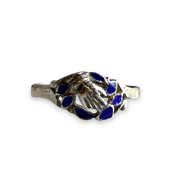 Unusual antique to vintage 800 silver and blue enamel hand ring with geometric gauntlet cuff detail P and 1/2 or US 8