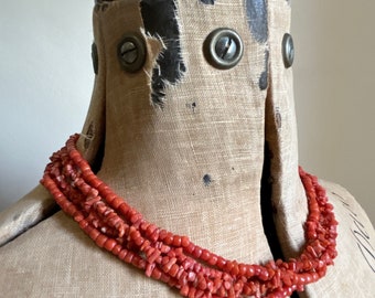 Antique natural salmon multi strand Mediterranean coral beaded collar necklace