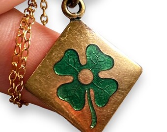 Vintage to Antique Edwardian lucky four leaf clover green enamelled pendant on rolled gold chain