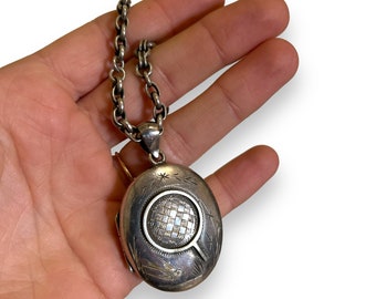 Unusual antique c.1880s aesthetic era large locket in silver plate with bird and specimen net detail on heavy silver belcher chain