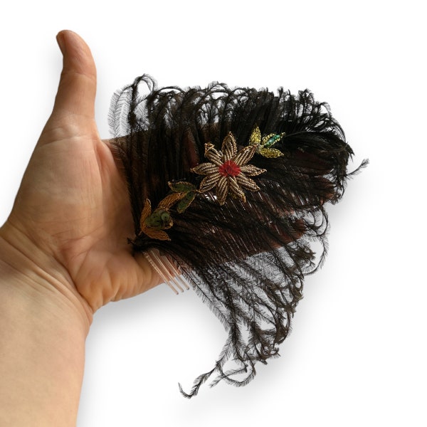 Vintage c. 1940s dark brown ostrich feather sequinned and appliquéd hair comb or decoration