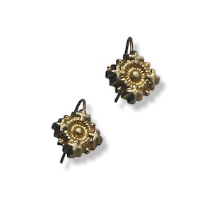 Etruscan revival antique 19c Victorian gilt metal tiny dangle and drop earrings for pierced