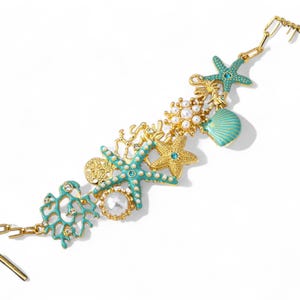 Ocean Starfish Coral Beaded Bracelet with Shell Anchor & Sparkling Diamond Charm | 18K Gold Plated Nautical Bracelet for Women