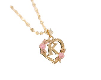 Personalized Gold Heart Initial Necklace - Floral Letter Pendant