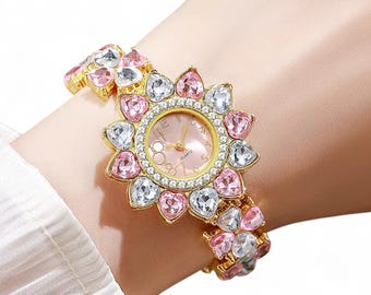 Armbandsklocka med strassblommor, elegant damkvartsarmbandsur
