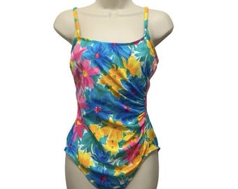 Traje de baño vintage de los 90 de Sandcastle By Catalina, hecho en EE. UU., de una pieza, estampado floral, talla 16.