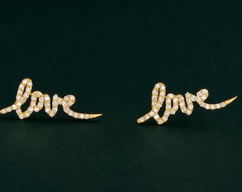 18k Vergoldete Ohrringe mit der Aufschrift Love: CZ Sterling Silber