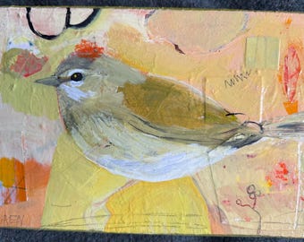 Technika mieszana akrylowa na drewnie „Orange Top” Warbler Art