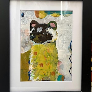Technique mixte encadrée sur papier acrylique avec passe-partout « Cute Mustelid »