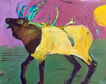Gemengde techniek acryl op papier 'Majestic', een kleurrijke eland