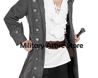 May include: A charcoal gray long coat featuring silver-toned embossed buttons, worn over a white ruffled shirt with a lace-up front and a brown leather belt with a large buckle. The text Military Attire Store is visible on the coat.