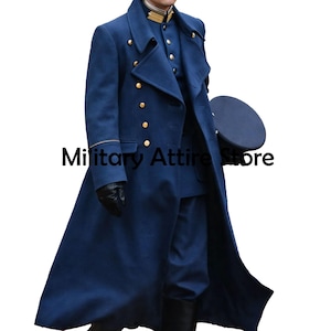 Traje de cosplay para recreación histórica, uniforme militar de oficial de lana azul, abrigo de gala del ejército histórico.