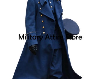 Traje de cosplay para recreación histórica, uniforme militar de oficial de lana azul, abrigo de gala del ejército histórico.