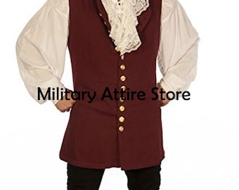 1720s Colonial Style Maroon Wool Waistcoat, 18th Century Pirate Captain Cosplay Vest