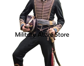 Black Wool Hussar Pelisse Jacket: 18th Century Horse Guard Uniform