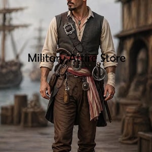 May include: A beige long-sleeved shirt worn under a dark grey waistcoat, paired with brown trousers and a red-striped sash. The outfit includes a leather belt with a large buckle, a shoulder strap, and a sword hilt. Text reads: Military Attire Store.