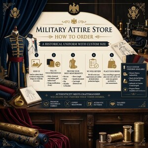May include: An infographic titled Military Attire Store How to Order, detailing a five-step process for custom historical uniforms. It features a navy blue uniform with gold trim, fabric swatches, a measuring tape, and spools of gold thread.