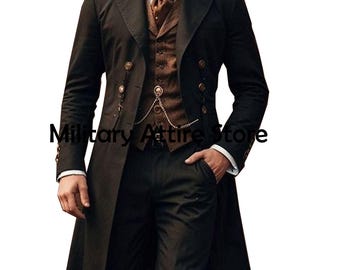 Chaqueta de estilo moderno, traje Bridgeton de lana marrón oscuro, levita colonial
