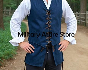 Chaleco de disfraz medieval, chaleco pirata de lana azul:
