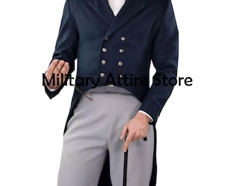 Victorian Style Navy Blue Wool Regency Tailcoat, 18th Century Evolution Fashion Tailcoat