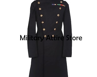 May include: A dark navy blue double-breasted military coat featuring gold-toned buttons, a high collar with embroidered insignia, and a multi-colored ribbon bar on the chest. The text Military Attire Store is visible across the center.