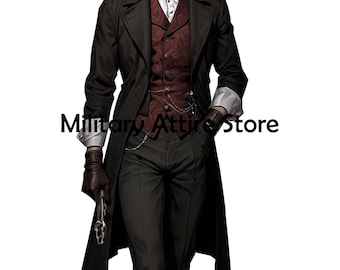 18th Century Steampunk Frock Coat, Black Wool Victorian Gentleman Outfit, Regency Costume Tailcoat