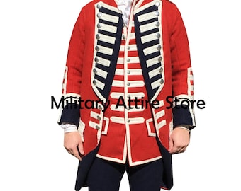 May include: A red military-style coat with dark blue lapels and cuffs, featuring white horizontal trim and silver-colored buttons. The garment includes a white waistcoat with matching silver buttons and a white neck cravat. Text reads Military Attire Store.