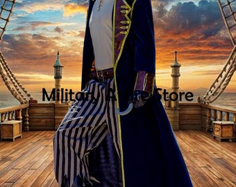 Pirate Frock Coat, Navy Blue Wool Gothic Cosplay Costume Jacket